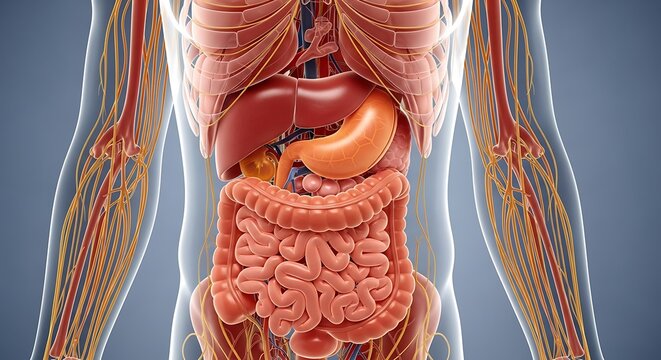 A detailed 3d medical illustration of the human digestive system and internal organ structures