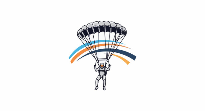 A skydiver descends under a large parachute, with colorful arcs below