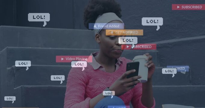 Animation of social media notifications and lol message over african american woman using cellphone