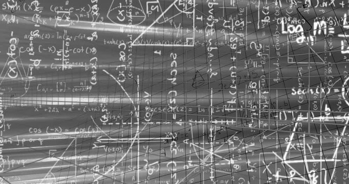 Animation of digital screen with data and math formulas on grey background