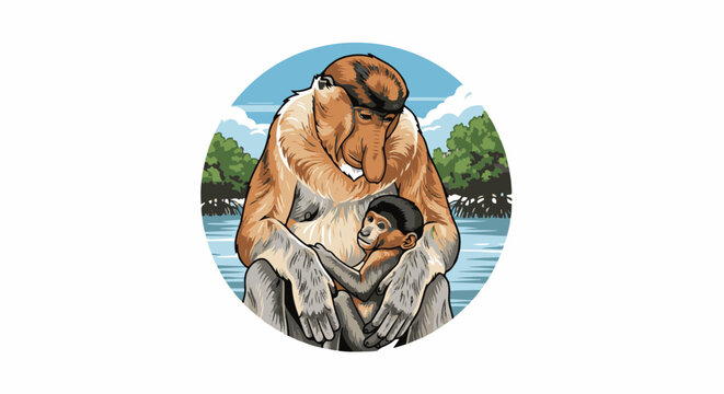 A proboscis monkey and baby embrace by a tropical river with trees