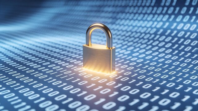 Golden lock on binary code background