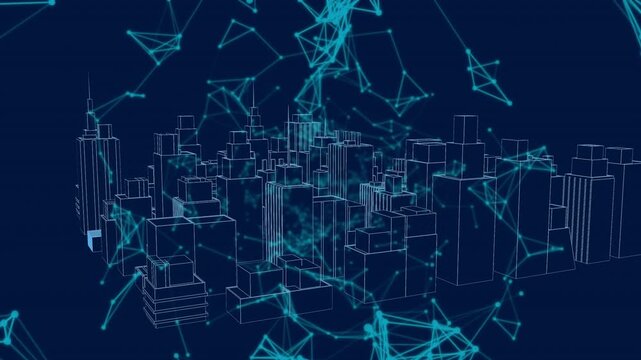 Animation of dots interconnecting with lines and 3d model of rotating modern skyscrapers
