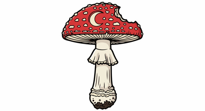 A red and white spotted mushroom with a crescent moon symbol and a bite mark