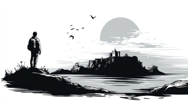 Silhouette of a Traveler Looking at a Distant Castle Across Water
