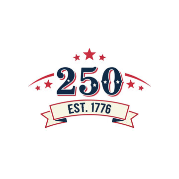 A patriotic logo featuring 250 with red stars and a banner displaying EST. 1776. Perfect for america celebrations, historical commemoration, and independence day marketing