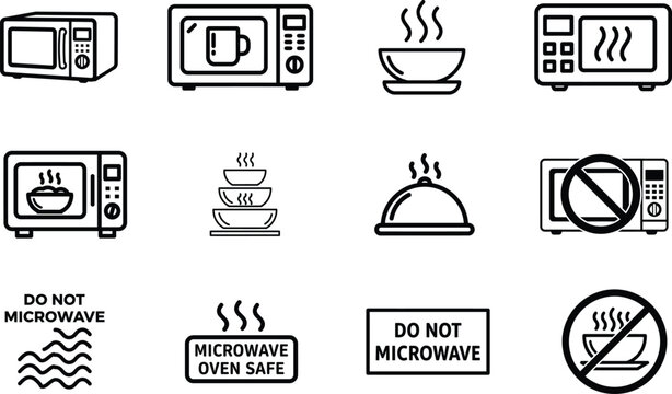 Microwave oven safe and not safe icons with food and signs