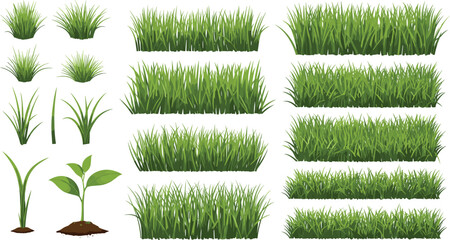 Realistic Grass Lawn Vector Set with Green Turf, Garden Plants, Growing Sprouts and Natural Landscape Elements Illustration © EdGe Creative
