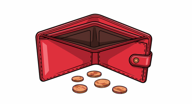 A red open wallet with a few coins scattered on a white background