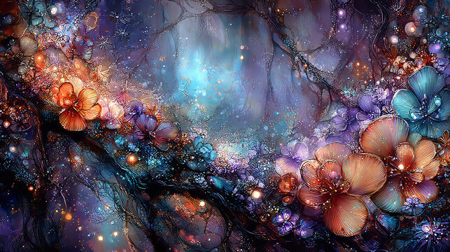Vibrant Ethereal Fantasy Flowers with Glowing Lights