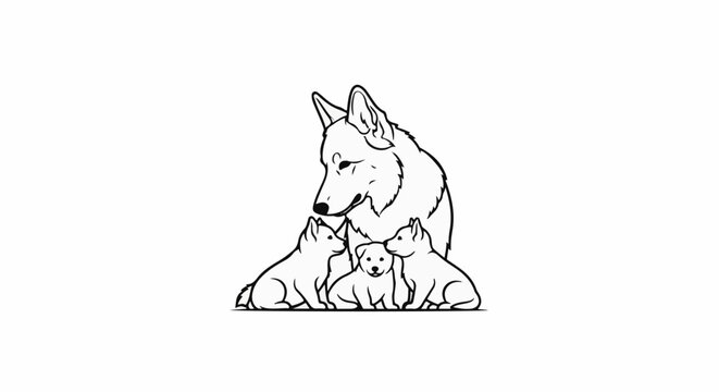 A mother wolf and three playful puppies sit together in unity