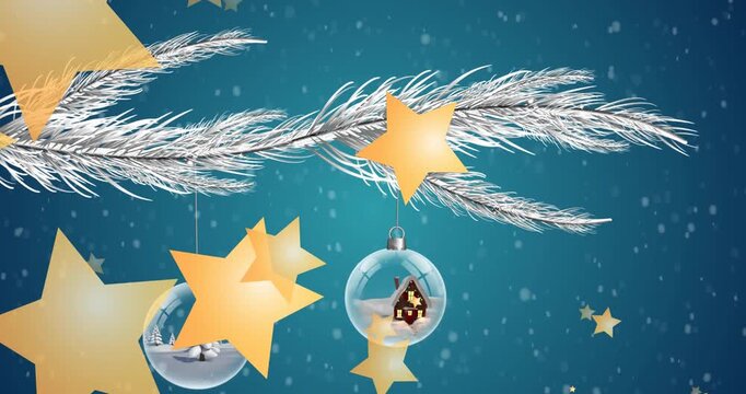 Animation of snow falling and stars over baubles on blue background
