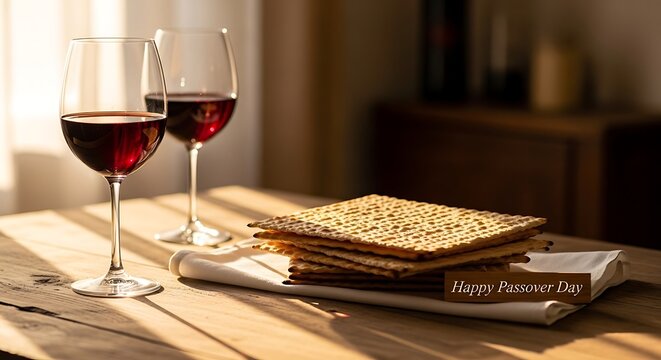 A table with wine glasses and matzo for passover