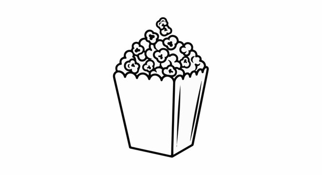 A stylized black and white outline drawing of a popcorn box overflowing with popcorn