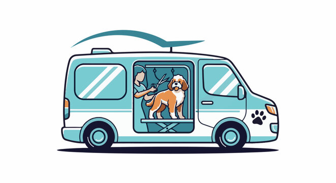 A mobile pet groomer van attends to a fluffy dog inside its service area