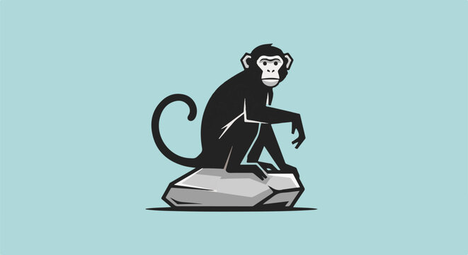 A stylized black monkey sits on a grey rock against a pale blue background