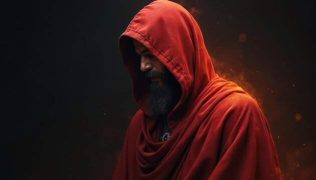 Mysterious man in red hooded robe profile portrait. Dark background with orange glowing embers. Fantasy character design art. Evokes secrecy or thoughtful mood.