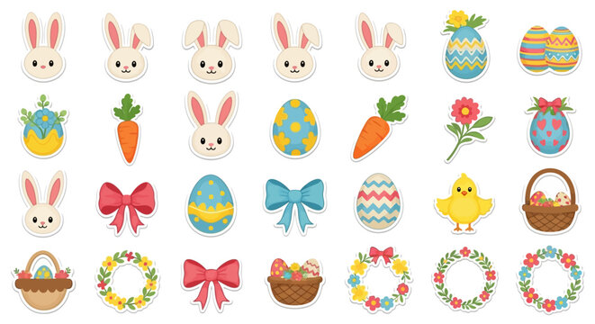 A colorful Easter-themed SVG bundle featuring cute cartoon characters, eggs, bows, and flowers, ideal for DIY crafts and decoration design