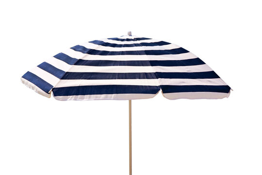 White and blue striped vintage beach umbrella, parasol isolated on white or transparent background, png cut out