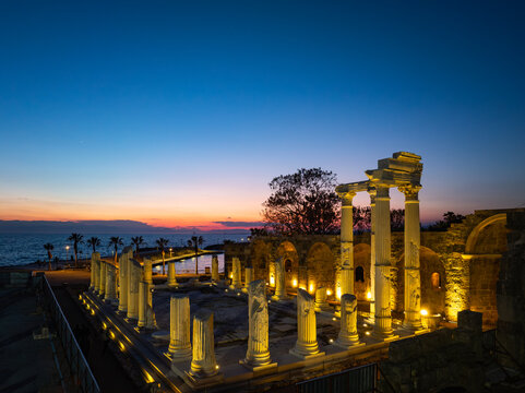 Side Antique City and Athena Temple Drone Photo, Summer Season Mediterranean Beach, Side Antalya, Turkiye (Turkey)