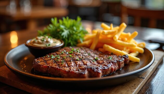 Juicy grilled wagyu steak served with french fries and sauce on plate. Cozy restaurant food photography with rustic ambiance. Delicious meal on table.