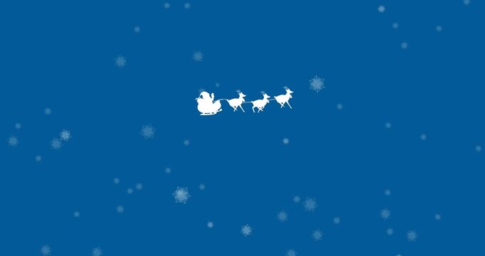Animation of snowflakes falling over santa claus in sleigh being pulled by reindeers