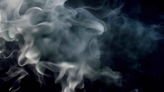 Abstract wisps of white smoke and steam rising slowly against a pure black background creating elegant organic patterns and smooth flowing movements through natural diffusion in cinematic slow motion.