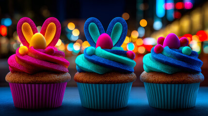 Three Vibrant Easter Celebration Cupcakes with Bunny Ears and Egg Toppers Against Bokeh City Lights