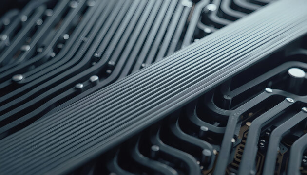 Grey ribbon cable with parallel wires. Internal hardware texture.
