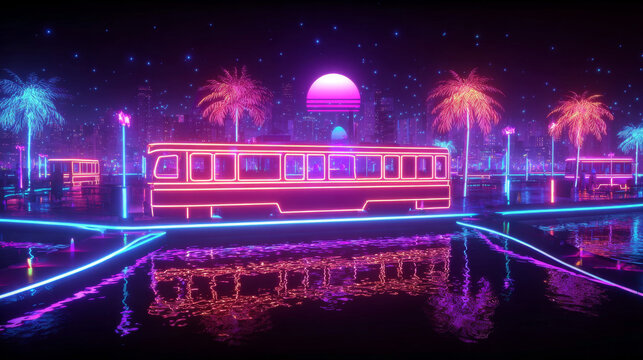 Neon Synthwave Train in a Retro-Futuristic Cityscape at Night