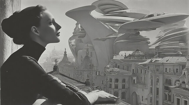 Contemplative woman in a retro-futuristic city