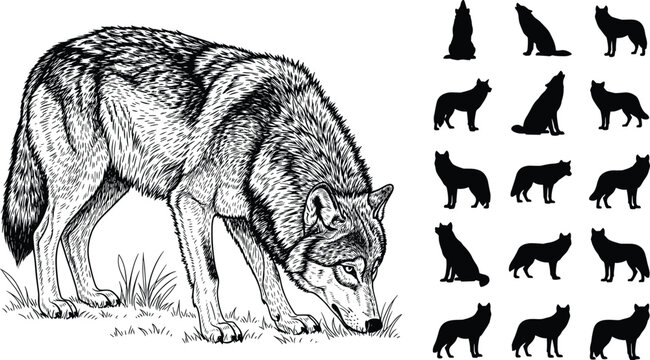 Wolf Vector Illustration Set Featuring Detailed Hand-Drawn Wolves in Standing, Sniffing, and Silhouette Poses Realistic Wildlife Animal Collection