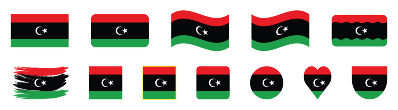 Libya Flag Icon Set Various Shapes including Heart, Circle, Wave, and Brush Stroke Vectors