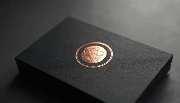 Black business cards with copper foil diamond logo. Stack of premium stationery with metallic stamping detail. Modern identity for elegant brand.