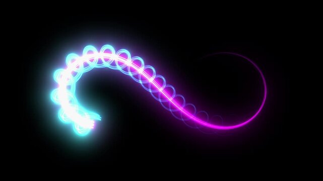 Smoothly rotating glowing ribbon in the shape of a figure eight or infinity sign, with a bright blue and pink neon glow on a black background. Seamless looping animation.