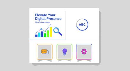Naklejka premium A close-up shot of a digital marketing presentation slide with colorful graphs and icons on a white background with a modern and professional mood.