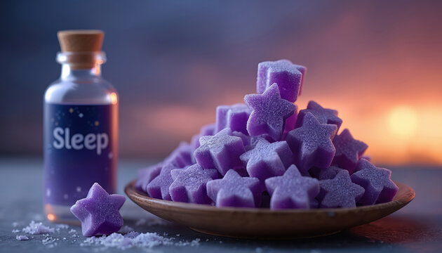 Purple star shaped gummies in a pile with a bottle labeled Sleep. Dietary supplements for rest and relaxation. Sweet candy aid for peaceful slumber.