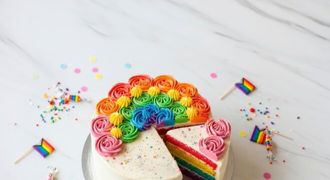 Rainbow cake with pride flags celebration.