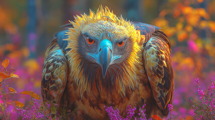 Naklejka premium Majestic Eagle with Golden Feathers and Piercing Orange Eyes