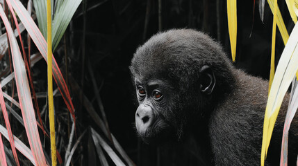 Naklejka premium Pensive Baby Gorilla Portrait Framed by Colorful Jungle Foliage