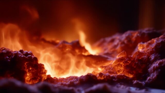 Intense Lava Flow Glowing with Fiery Embers and Molten Rocks Creating a Dramatic Display of Heat and Energy in a Volcanic Landscape