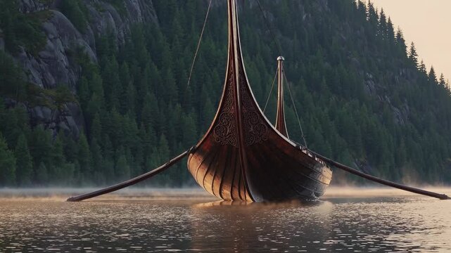 boat longship and vessel rest on calm water at sunrise. mist hugs forest and cliff edge. prow and stern curve upward with carved detail. reflection shimmers across glassy surface. Timber joinery.