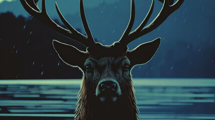 Naklejka premium Majestic Stag in a Rainy Wilderness Lake