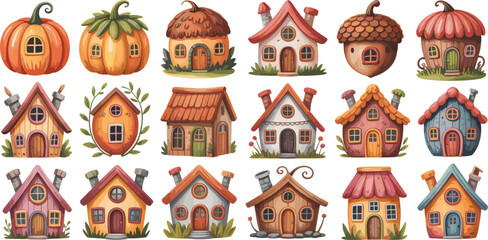 Colorful cartoon houses and pumpkins with acorn and leaf-themed homes in a whimsical © Hey world
