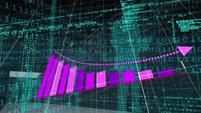 Animation of binary coding over statistical data processing against businesspeople icons