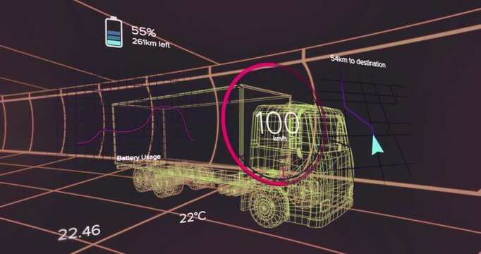 Animation of changing numbers in circle, arrow on line, battery icon, numbers over 3d model of truck