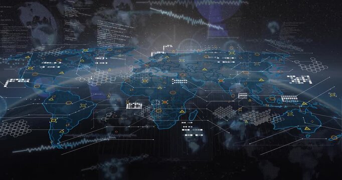 Animation of circuit board pattern over globes and computer language against abstract background
