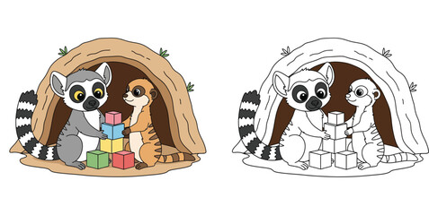 Cute cartoon lemur and meerkat playing together with colorful building blocks inside a cave vector illustration © MstSangita