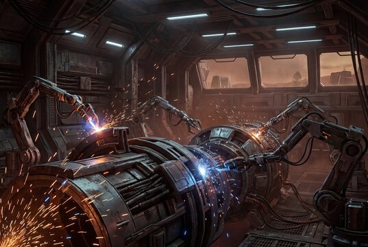 Automated Arms Assembling Terraforming Equipment in a Futuristic Factory on a Distant World