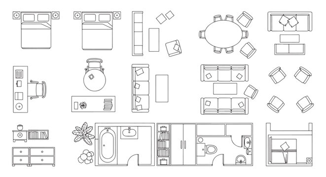 Apartment Furniture Floor Plan Top View, Bedroom Living Dining Bathroom Outline Vector Layout Set